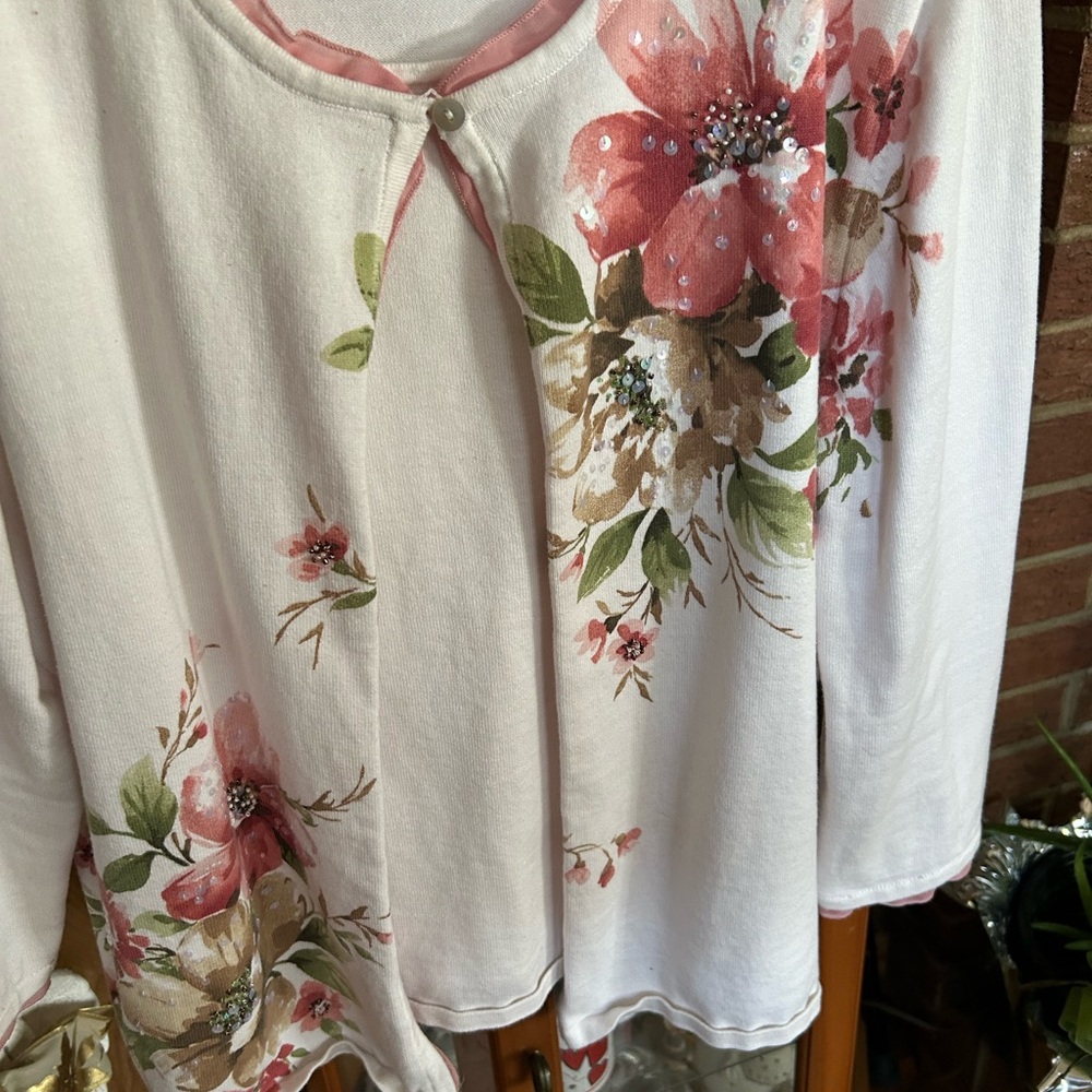 Women’s Floral Button-Accent sweater with attached inner top in Pink and Cream